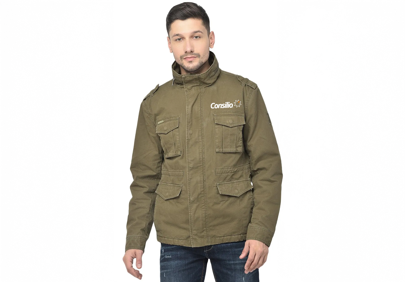 Woodland Men’s Khaki Green High Neck Cotton | Lightweight Casual Full Sleeve Zipper with Buttoned Flap Pockets & Shoulder Flaps | Trekking & Everyday Wear